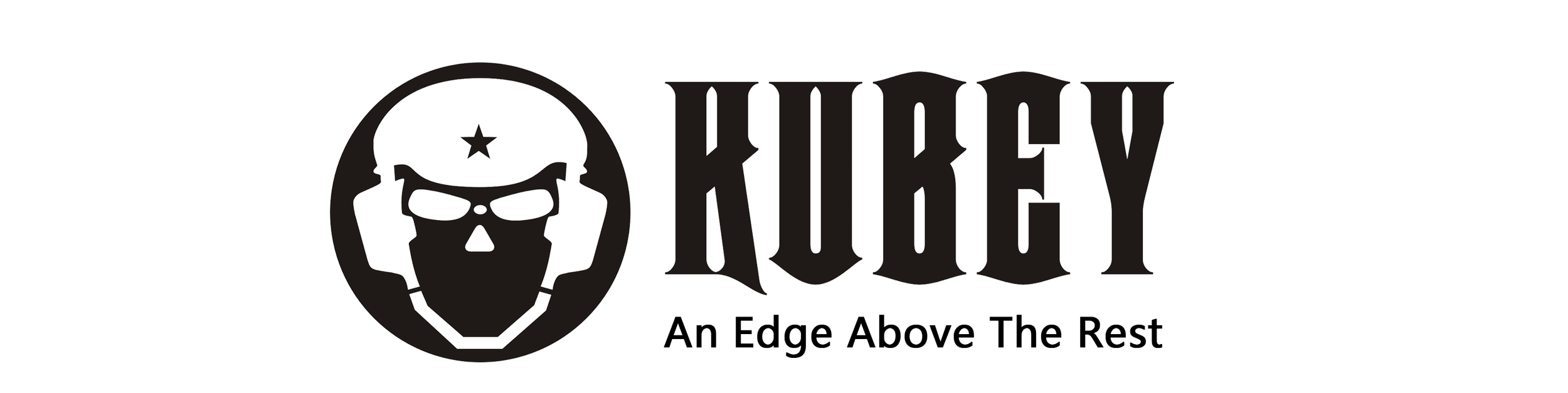 A black logo with a skull wearing a helmet with a star in the center, next to the text 'KIKKY' and the tagline 'An Edge Above The Rest'.
