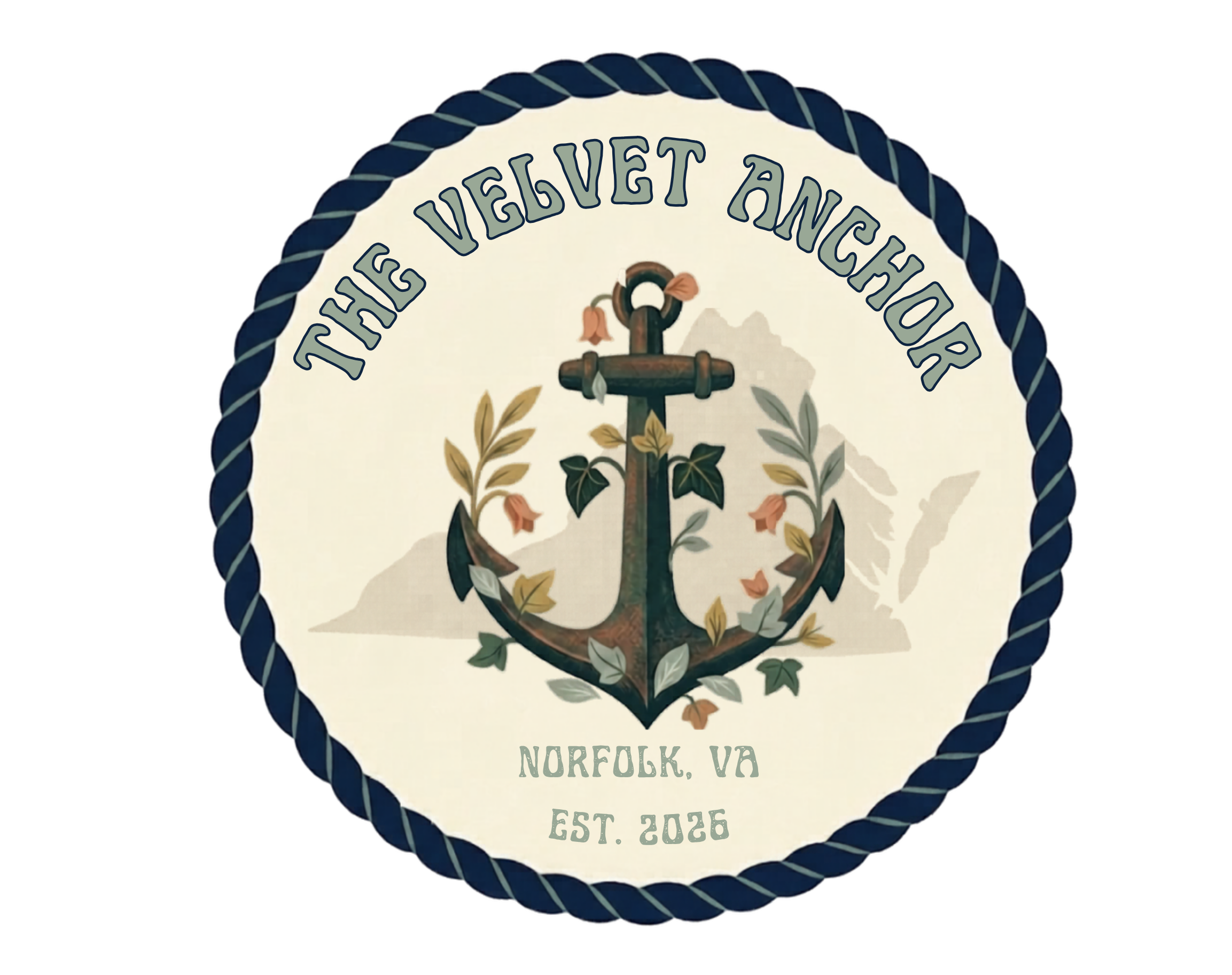 A circular emblem with a navy blue rope border, featuring an anchor surrounded by leaves in the center, with the text 'The Virginia Anchor' arched at the top and 'Norfolk, VA' at the bottom, and 'Est. 2023' below.