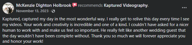 Positive review of Kapturing a memorable day and appreciation for their wedding videography work