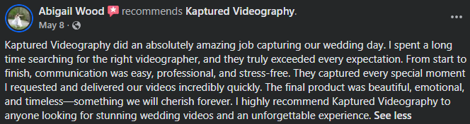 Facebook review praising Kaptured Videography for wedding videography.