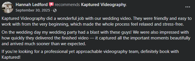 Facebook review recommending Kaptured Videography for wedding videography with a five-star rating, posted on September 30, 2025.