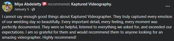 Positive review praising Kaptured Videography for Kapturing wedding day moments.