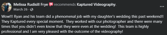 Client testimonials praising Kaptured Videography and his team for Kapturing high quality videos, fast turn around times, affordability & highlighting their professionalism and exceptional work.
