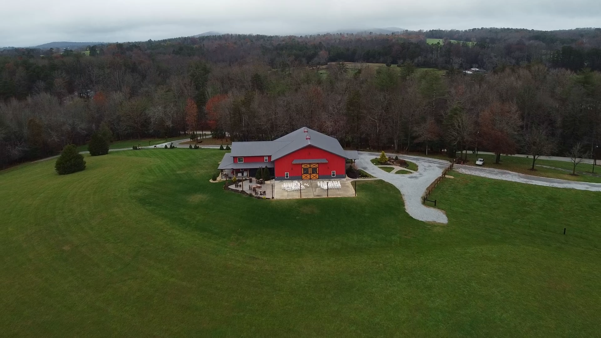 Drone view of Red Cedar Farm wedding venue near Hickory North Carolina