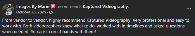 Positive review praising Kaptured Videography for professionalism and reliability.