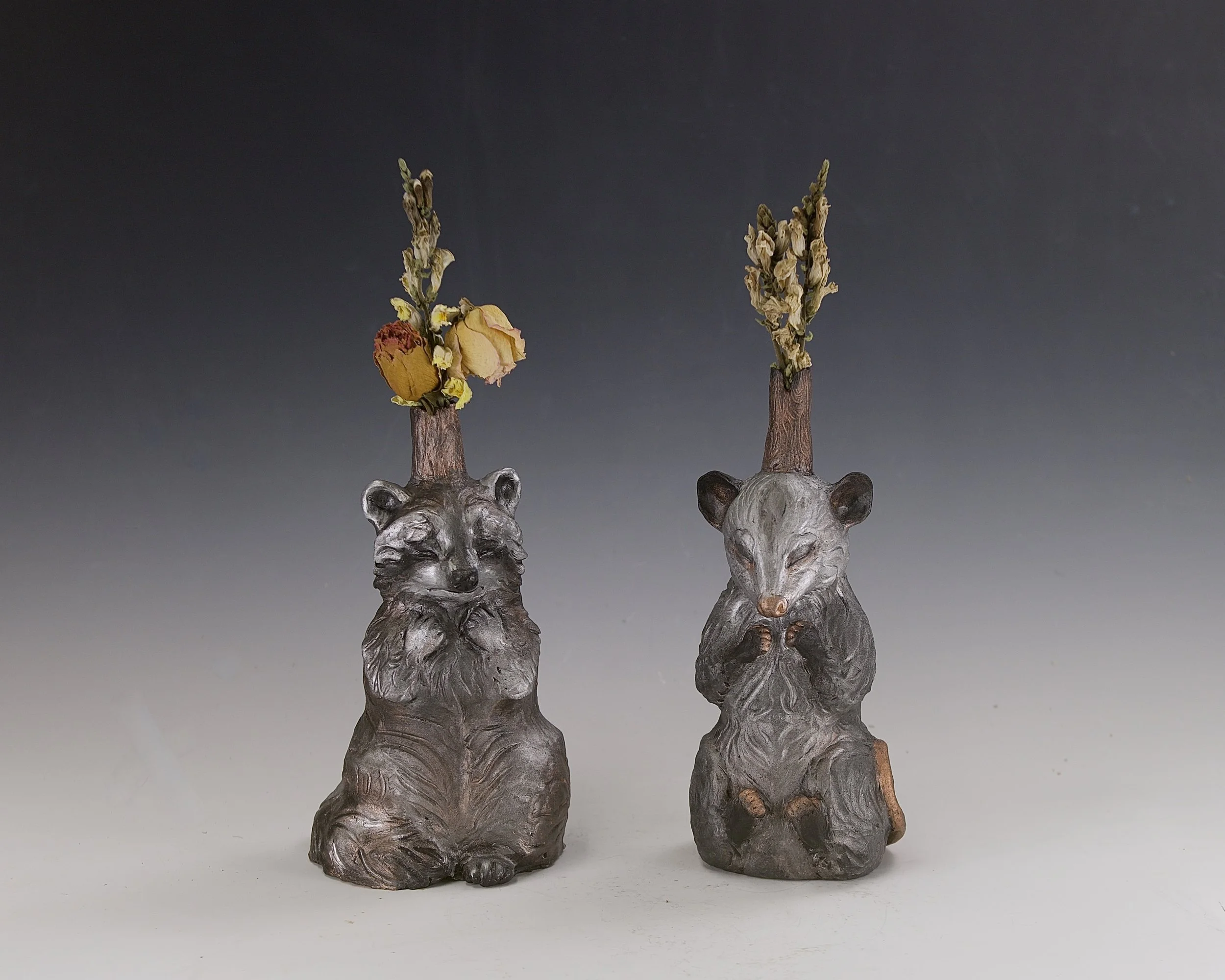Raccoon and Possum Effigy Vases (2024)
Stoneware with bronze and nickel cold
finish
14x10x4"