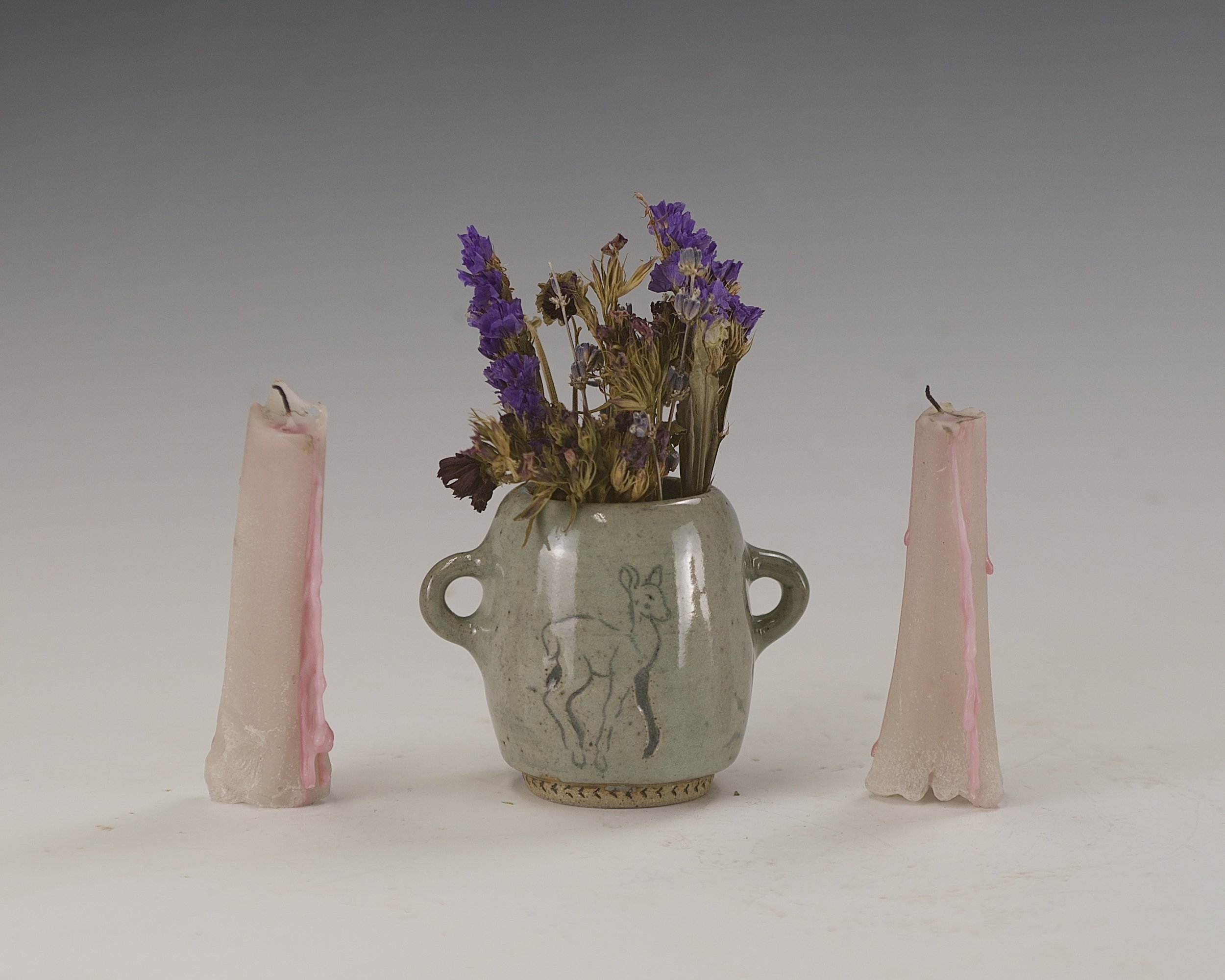 Fawn Offering (2024)
Wax candles, dried flowers, stoneware
4x3x3.4"