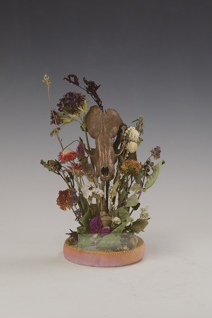 Immortelle (2024)
Copper plated Raccoon skull, dried flowers,
wood, glass
12 x 3 x 2.5"