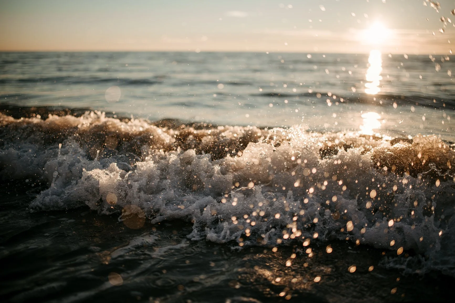 Close-up of the foam at the front of a wave breaking on the beach, with golden light behind it.