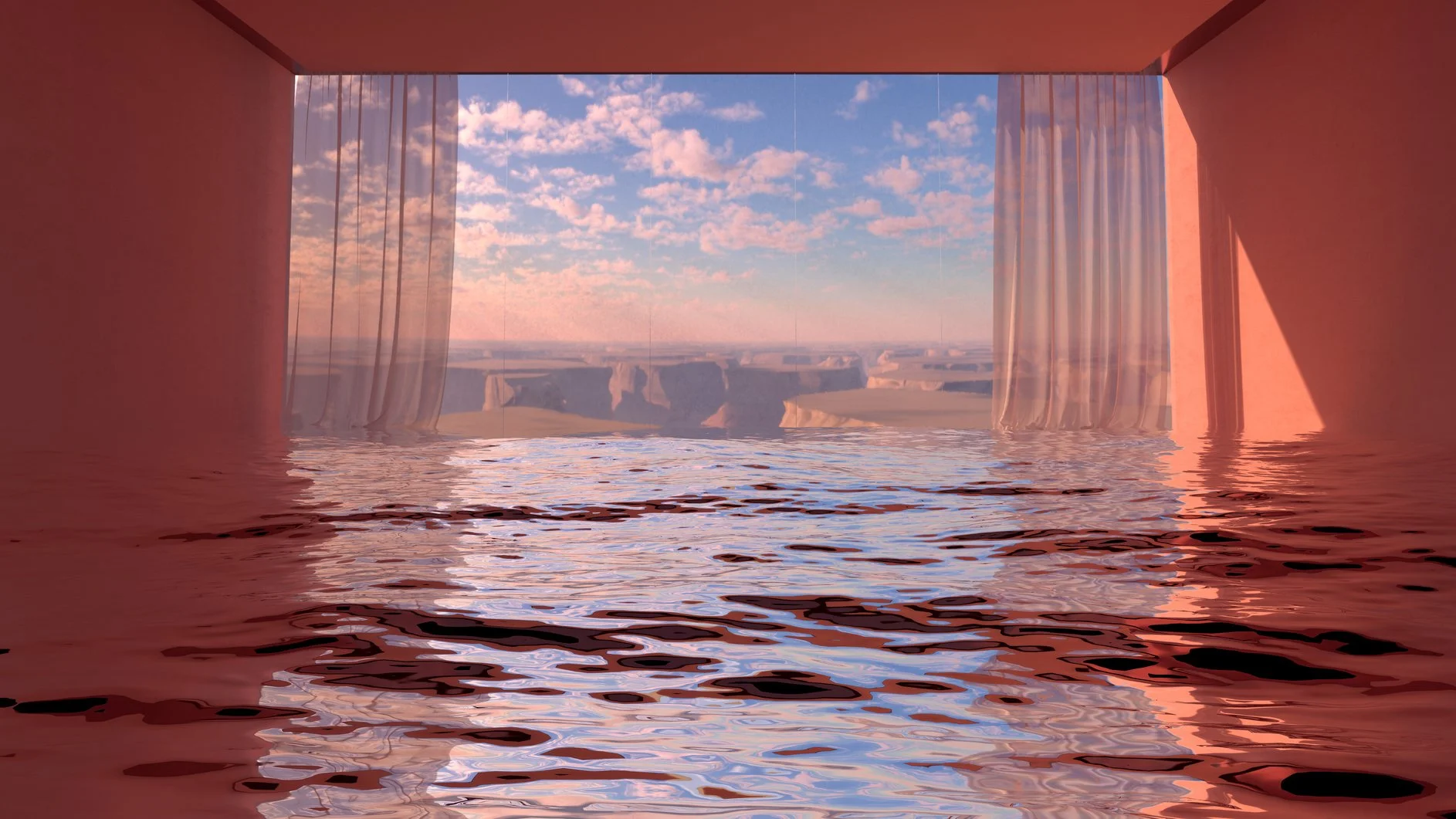 A room filled with water looks out through gauzy curtains to a canyon and a cloud-dotted blue sky.