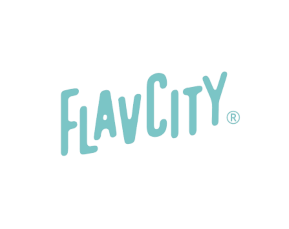 FlaV City logo with stylized blue text on a black background.