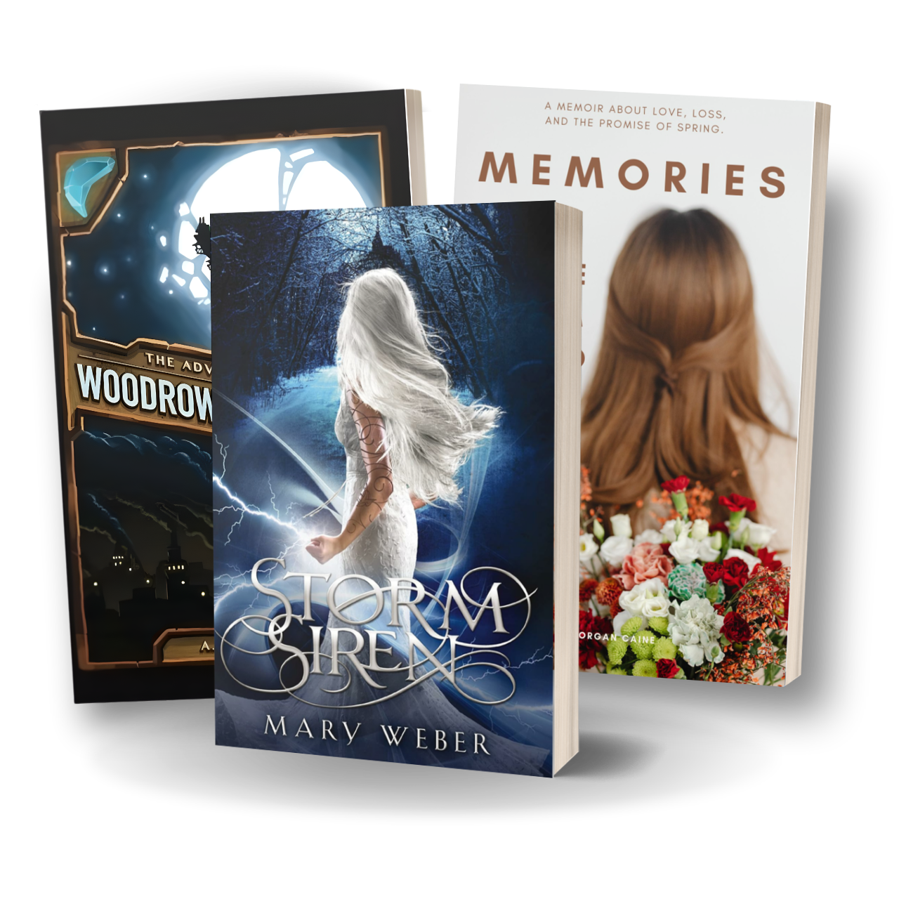 Three books arranged side by side, featuring fantasy, memoir, and fiction genres. The first book shows a glowing moon and a dark landscape, the second features a woman with long silver hair holding a sword with a stormy background, and the third displays a woman with red hair holding a bouquet of colorful flowers.