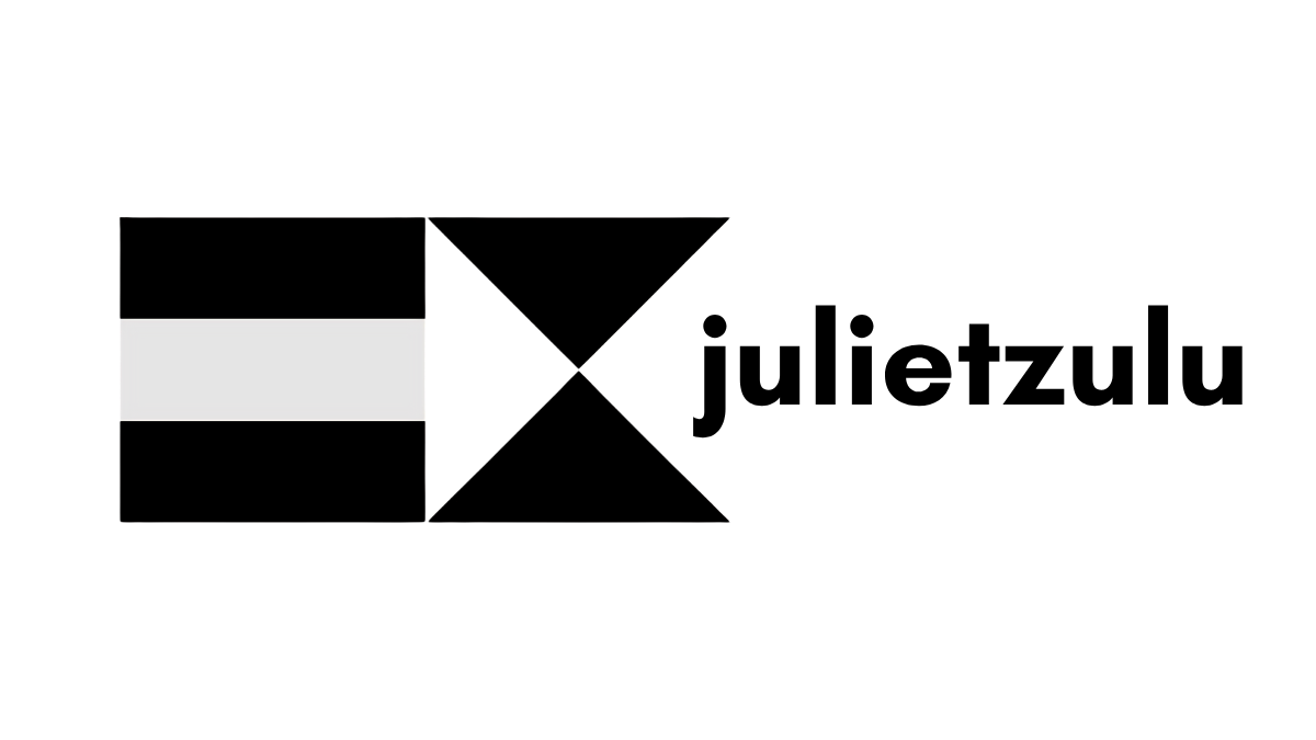 JulietZulu logo - diagram of a rectangle divided into a smaller white rectangle on the left and a triangle on the right, with labels indicating dimensions and angles.