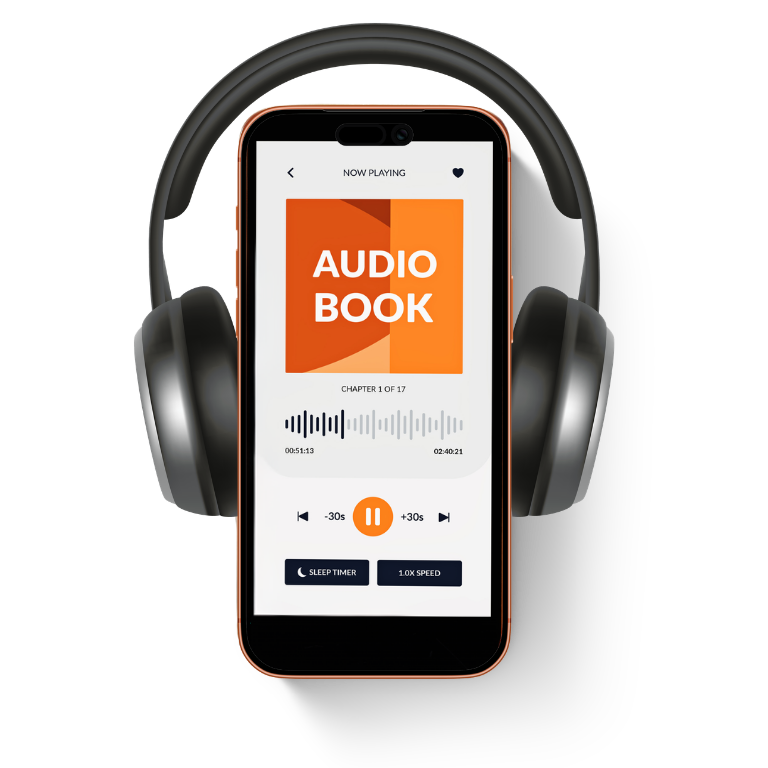 Smartphone with an audio book app open, surrounded by a pair of over-ear headphones.