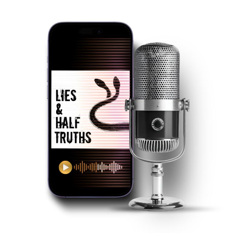 A smartphone displaying the title "Lies & Half Truths" with an illustration of a snake, alongside a vintage microphone on a black background.