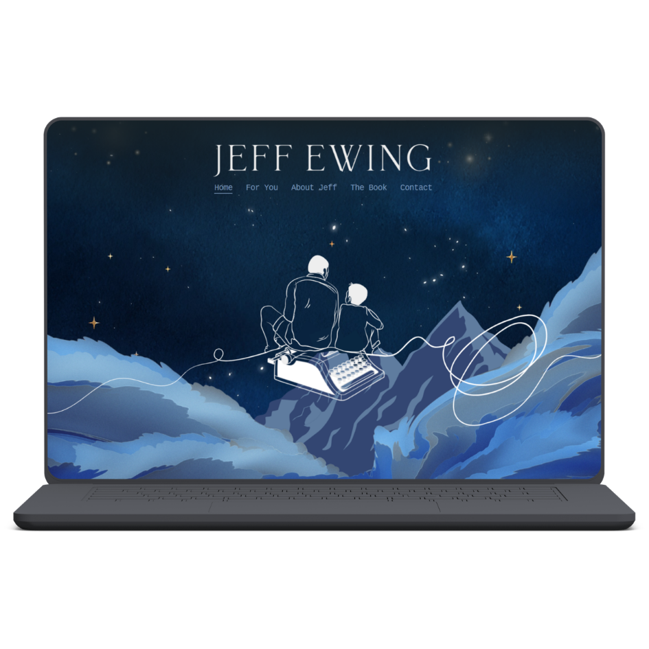 A website design example that shows a person and a child sitting on a mountain against a starry night sky, with one of them using a typewriter, experiencing a magical, dreamy atmosphere.