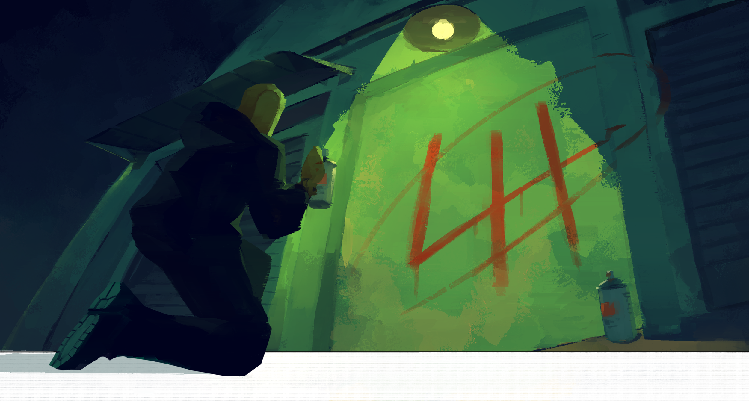 A silhouetted person, wearing a hoodie, spray painting on a wall at night. The scene is illuminated by a greenish light from a lamp above, and there is a spray paint can on the ground.