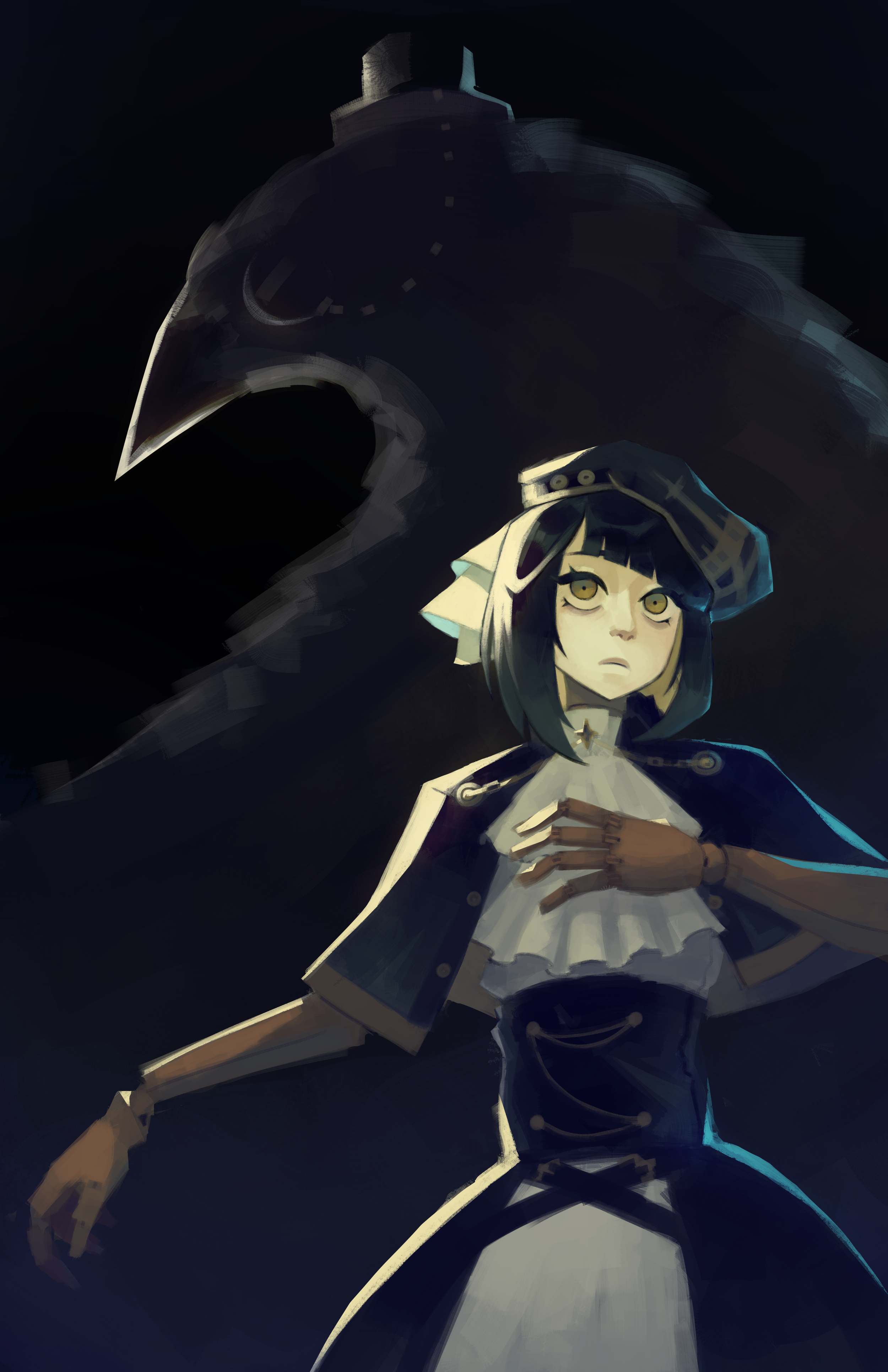 Stylized digital art of a large bird-like creature with a prominent beak, with a humanoid girl with dark hair and yellow eyes standing in front of it, wearing a dark jacket and white skirt, set against a dark background.