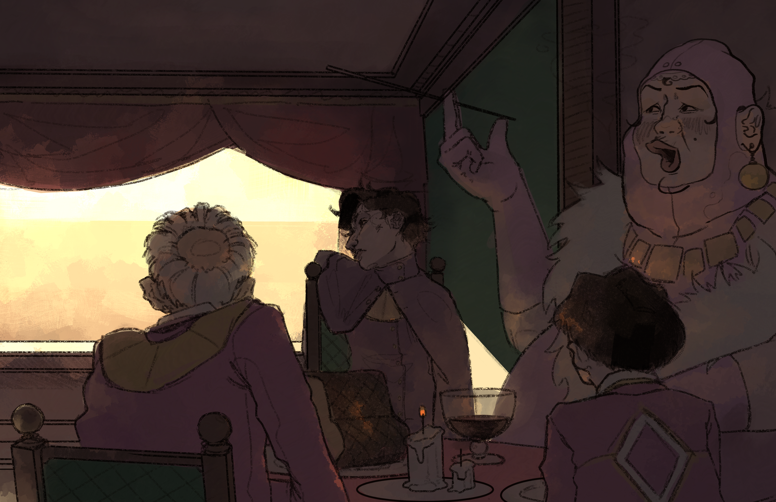 People sitting and standing in a cozy room near a window with an orange sunset view. An elderly woman is yawning while a woman is pointing at the ceiling, and two other individuals are sitting at a table with wine glasses.