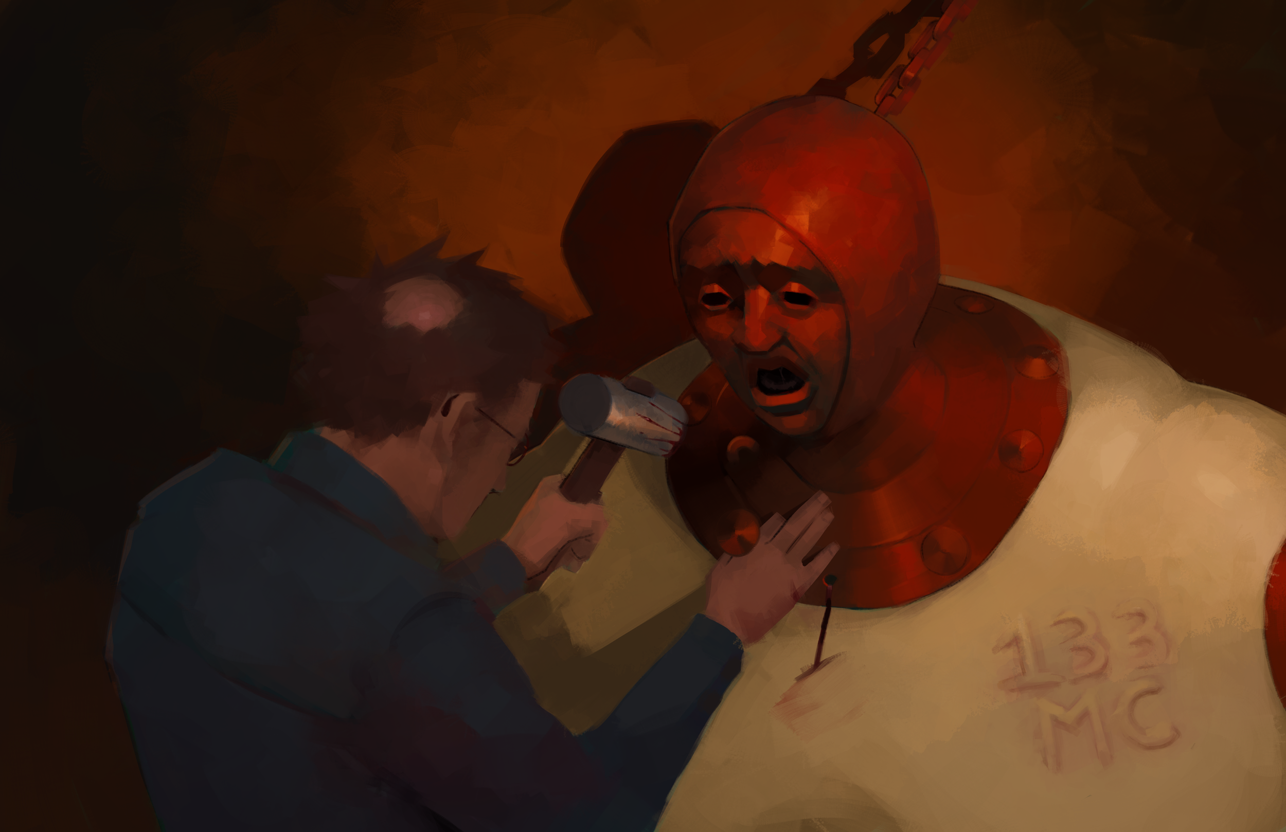 A person wearing an orange helmet, resembling a ball, is on a table with a person holding a microphone near their mouth, possibly conducting an interview or examination.