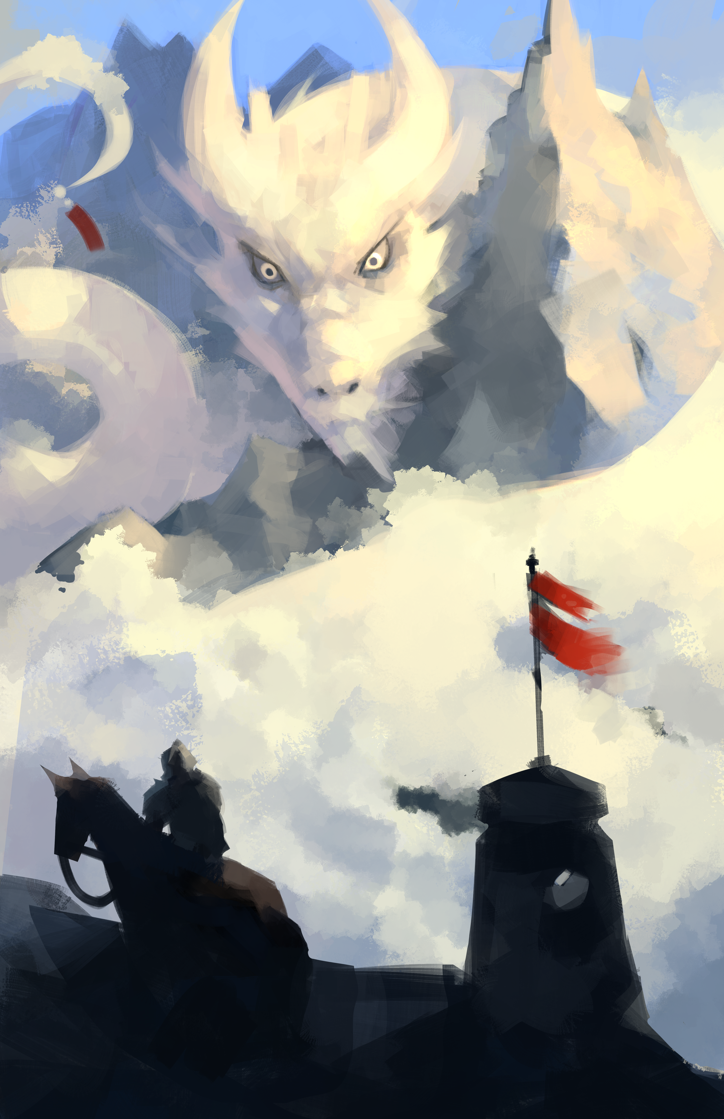 A dramatic painting of a fierce white wolf with glowing eyes, looming over a fortress. Two silhouetted soldiers on horseback face the wolf, with a red flag on the fortress.