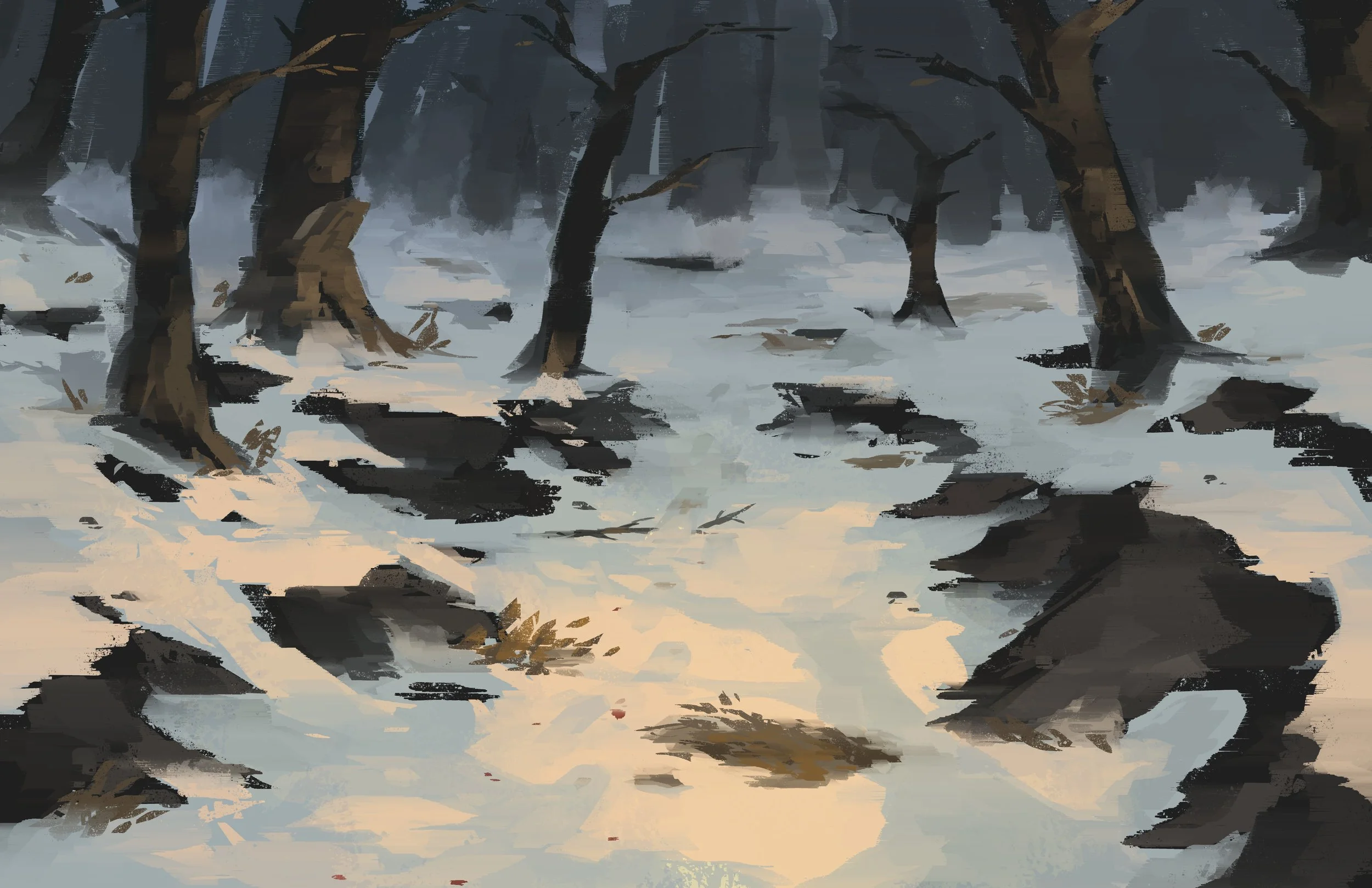 A digital painting of a foggy swamp with leafless trees and a pathway through the water.