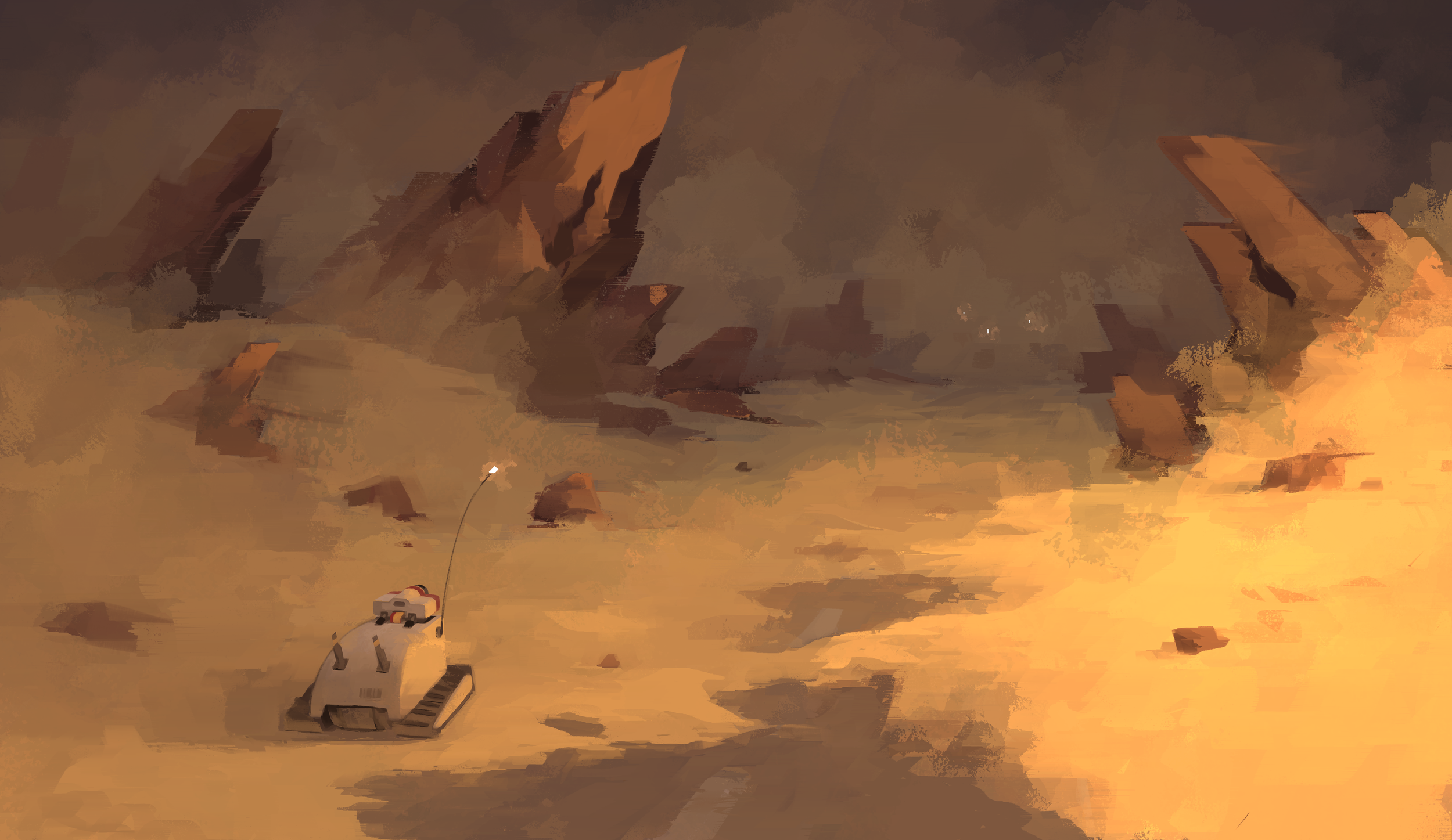 A robotic rover exploring a barren, rocky landscape with large rock formations and a cloudy sky.