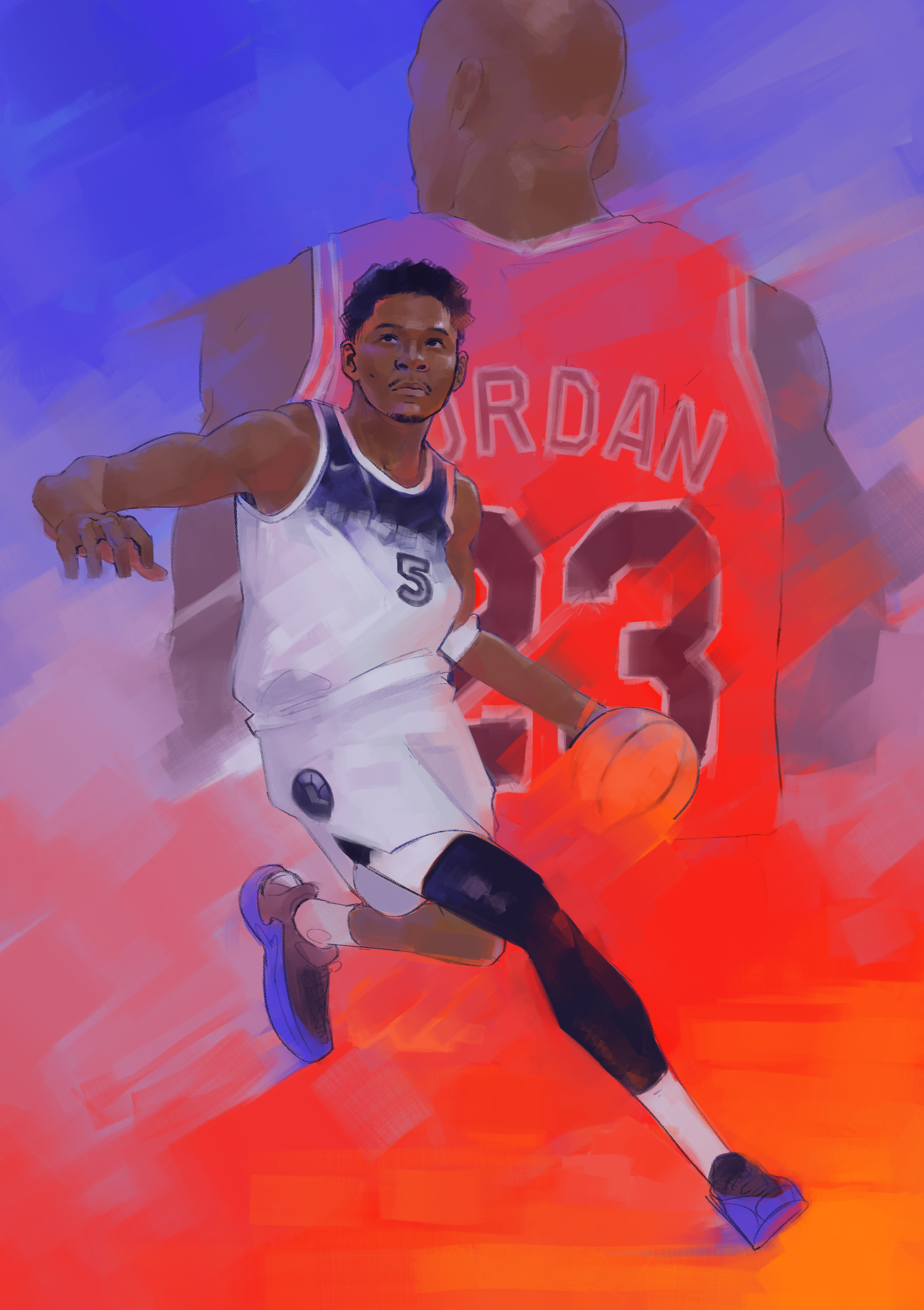 An illustration of a basketball player in a white jersey with black accents and the number 5, dribbling a basketball while running on a court. Behind him is a large, semi-transparent image of a larger player wearing a red jersey with the word 'JORDAN