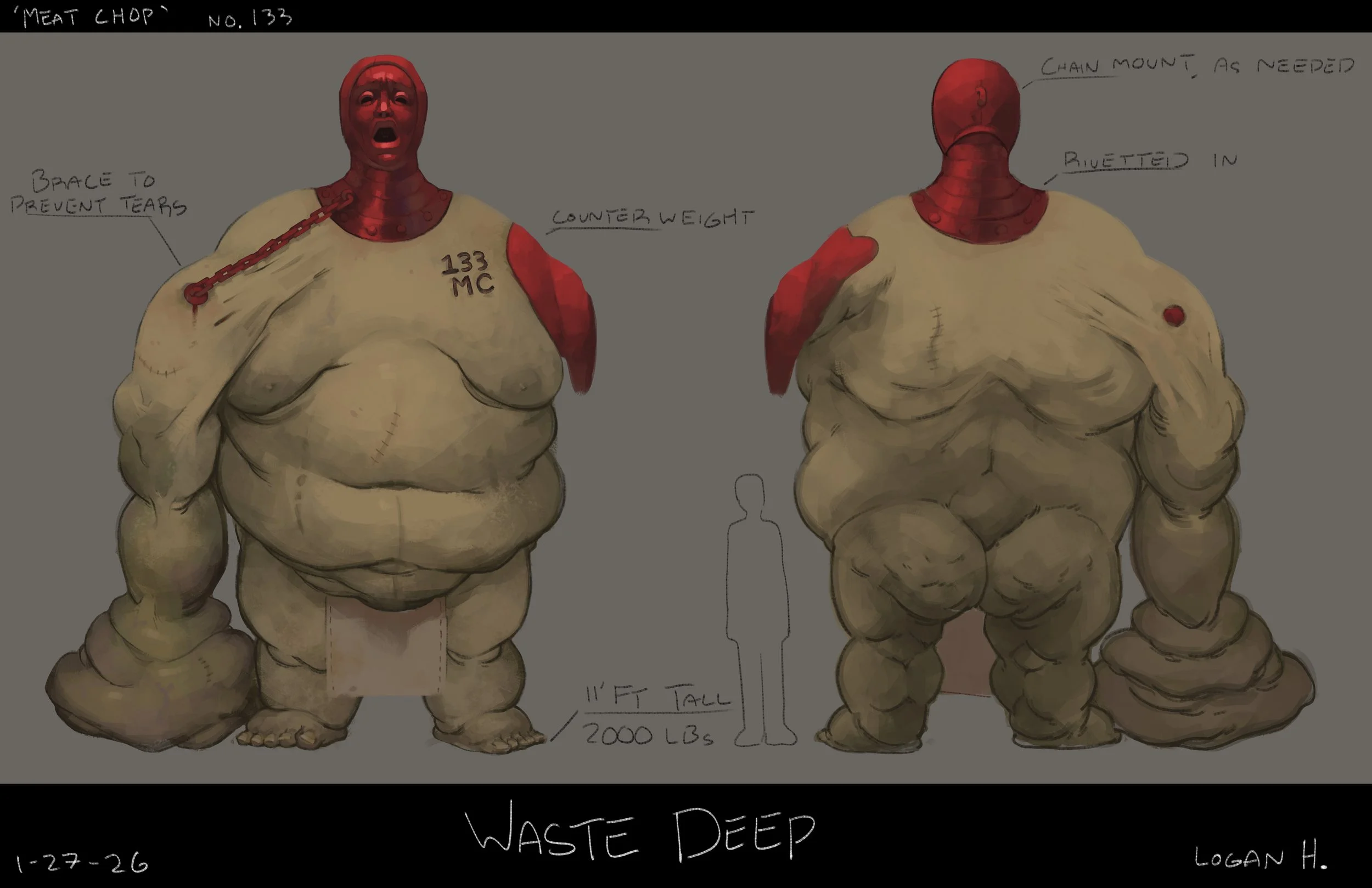 A detailed anatomical illustration of a large humanoid creature with exaggerated muscular features and an unusual appearance, including a red metallic head and neck, holding a chain. The creature's body is mostly nude with visible scars and the words