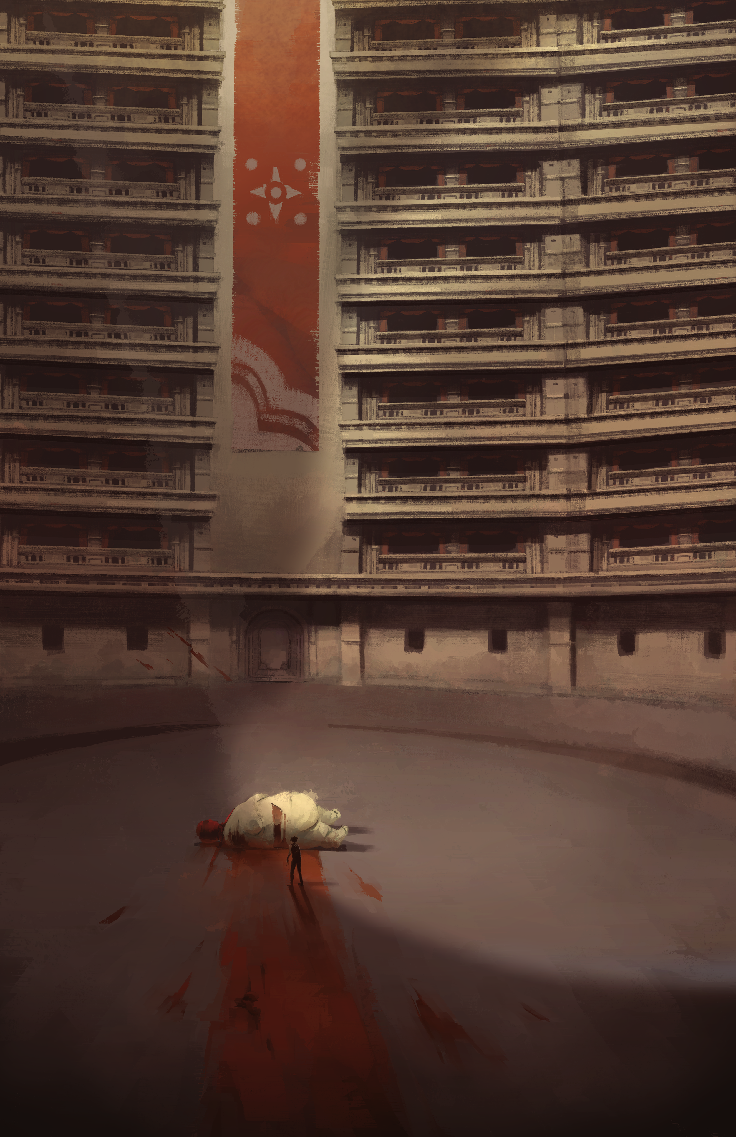 A large, abandoned multi-story building with a mural on one wall, featuring orange and white art. In the foreground, a person and a large stuffed animal or sculpture lie on the ground, with some red markings nearby.