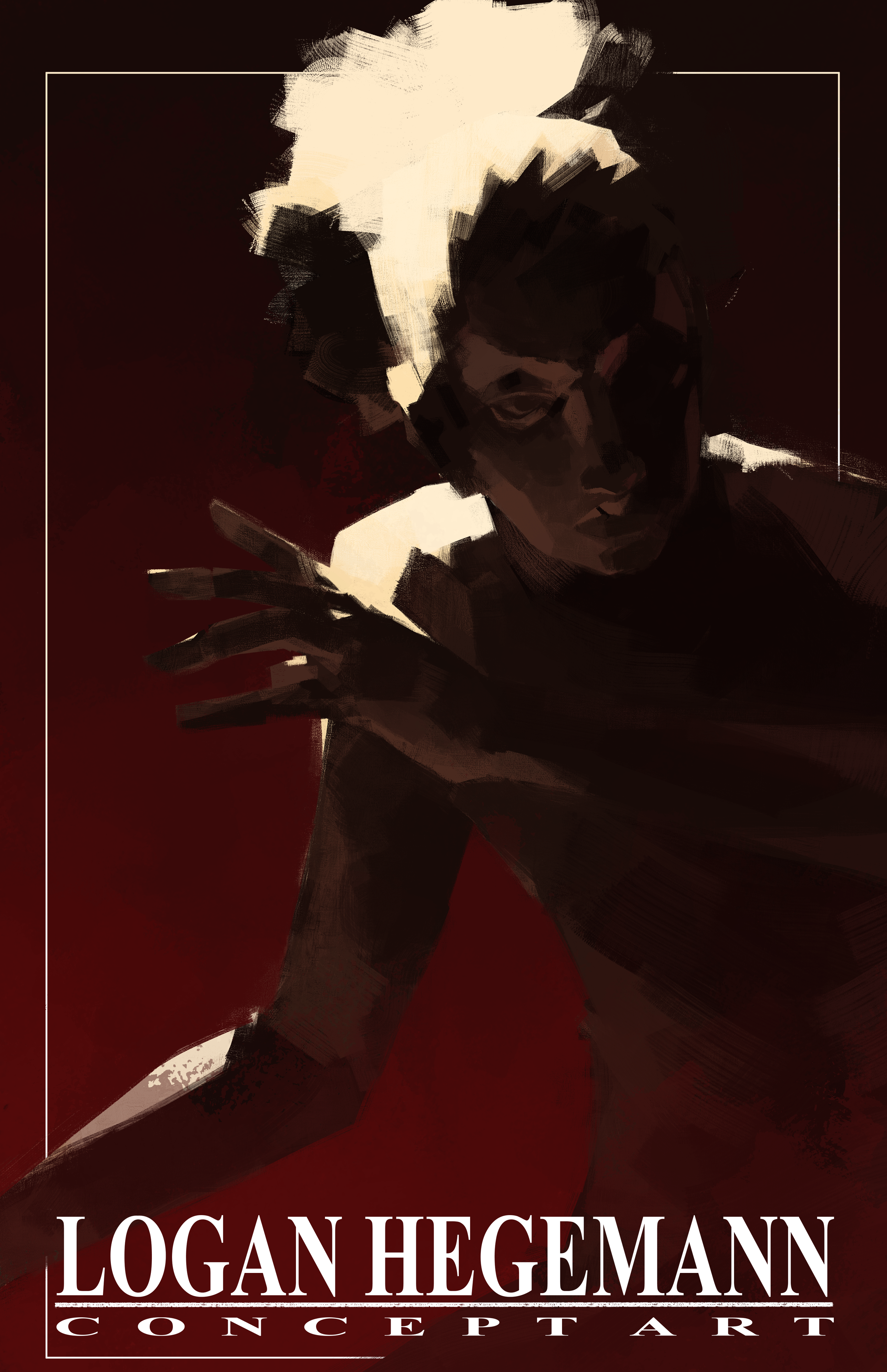 Cover of Connor Hegemann's book titled 'Concept Art' featuring a stylized digital portrait of a person with white hair and dark clothing, with a dark red background.