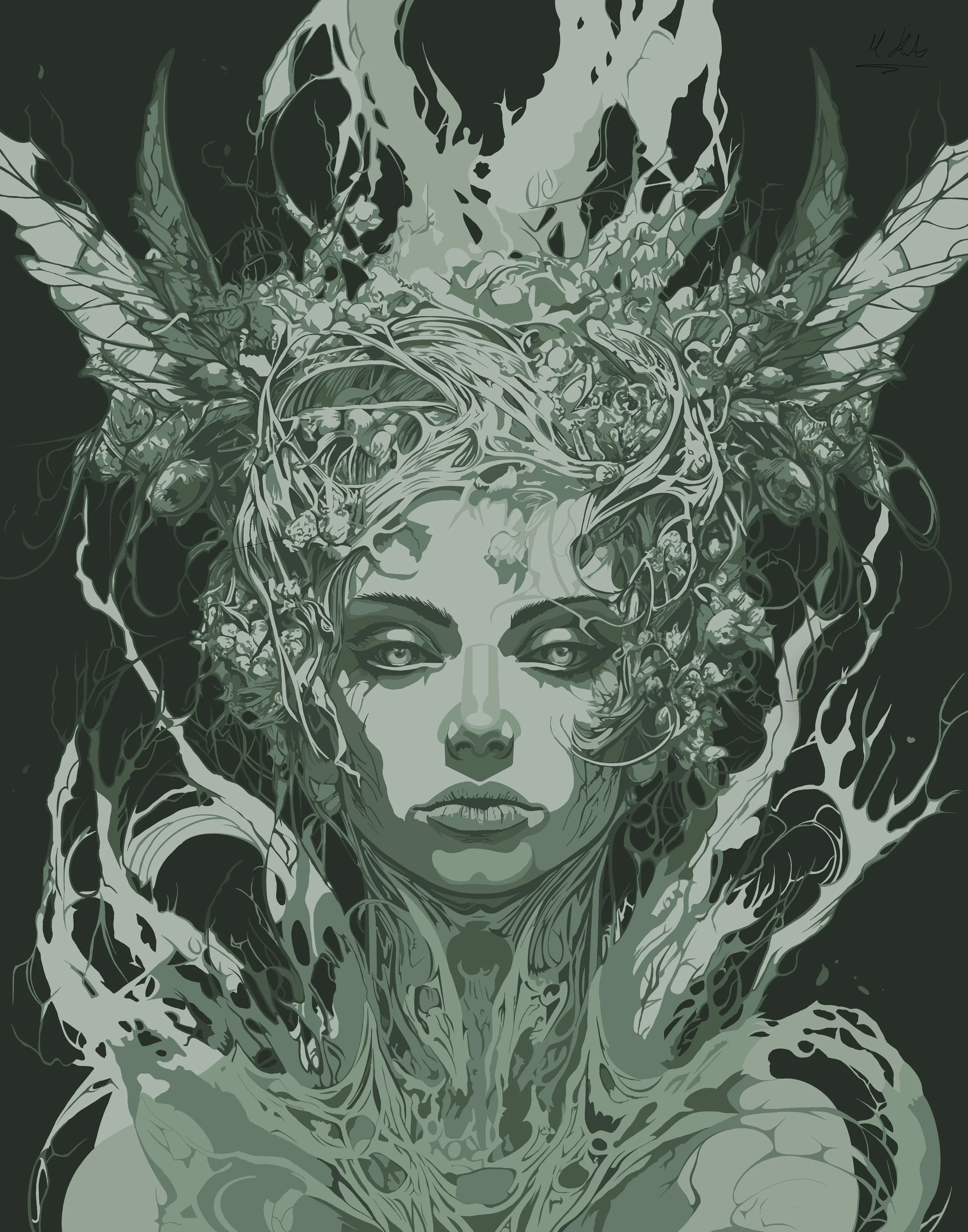A woman with intricate floral and abstract patterns in shades of green and gray surrounding her face, which is partially visible with bright eyes and a neutral expression.