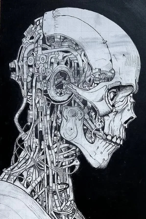 A detailed black and white drawing of a human skull with mechanical and robotic components integrated into its structure, creating a cybernetic human profile.