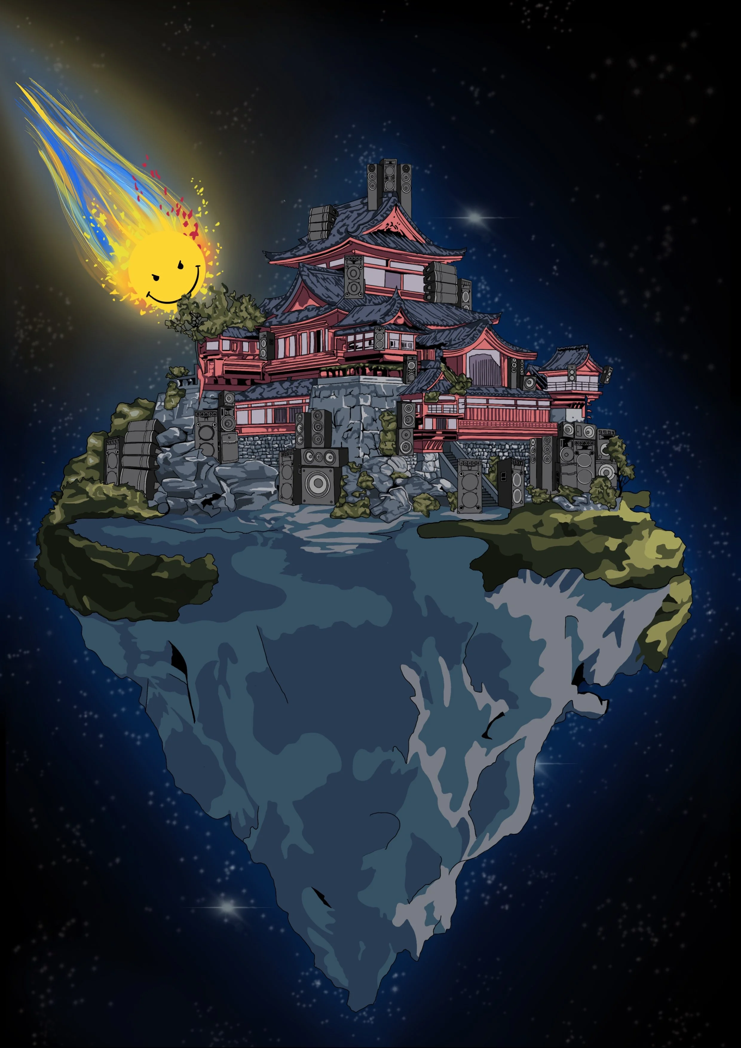 A floating island of land with a traditional Japanese pagoda-style building on top, surrounded by a starry night sky. There is a bright, animated sun with a smiley face and colorful streaks in the sky.
