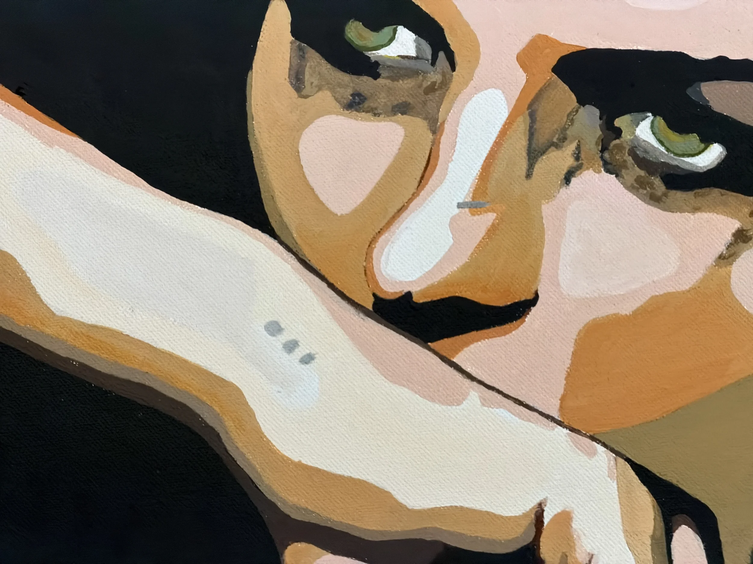 Close-up of a painting depicting a woman with dark hair, glasses, and a white shirt, with a portion of her face and hand visible.