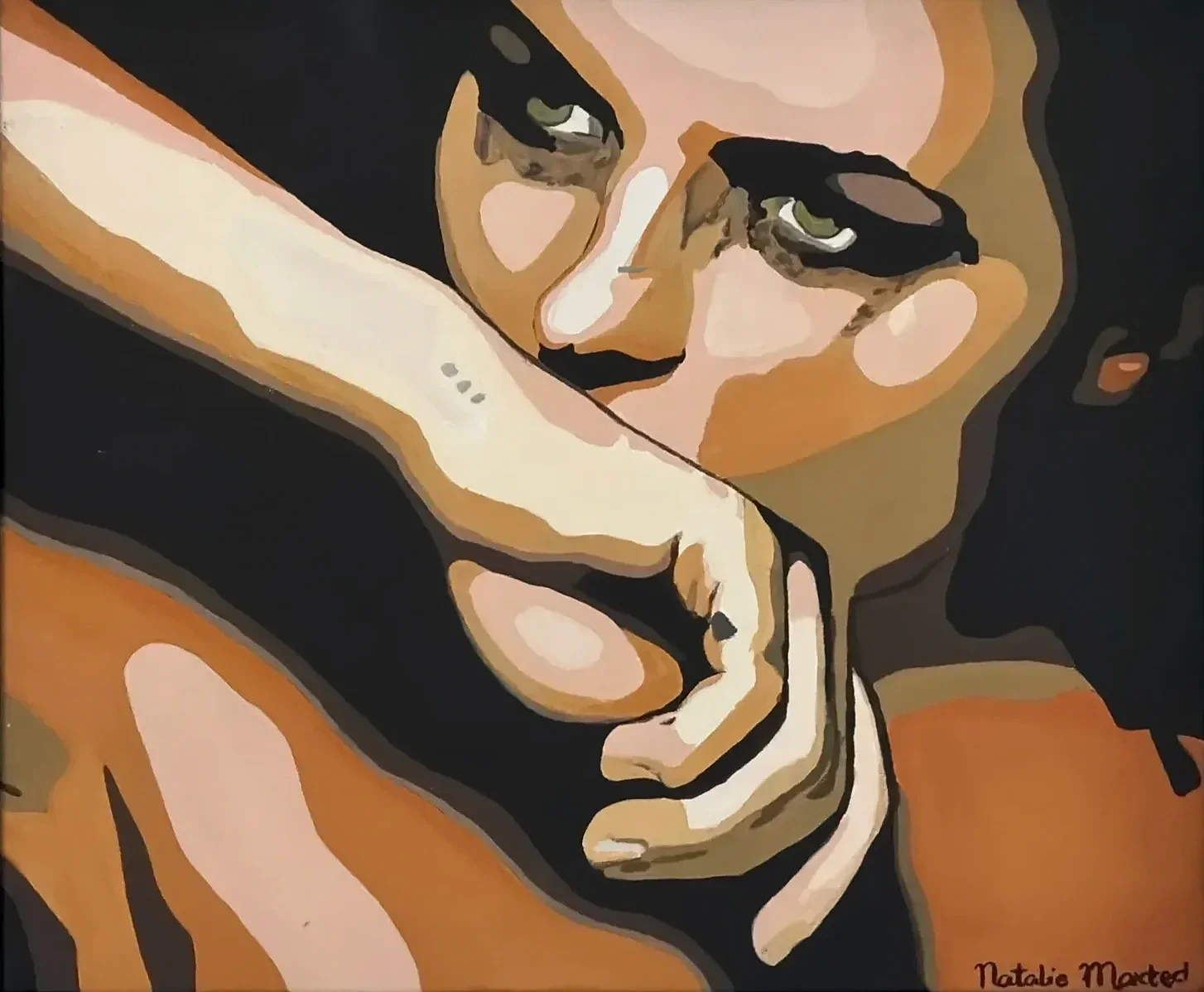 A stylized digital painting of a person with glasses, lying on a bed or couch, resting their head on their arm, with an expression that could be contemplative or sad.