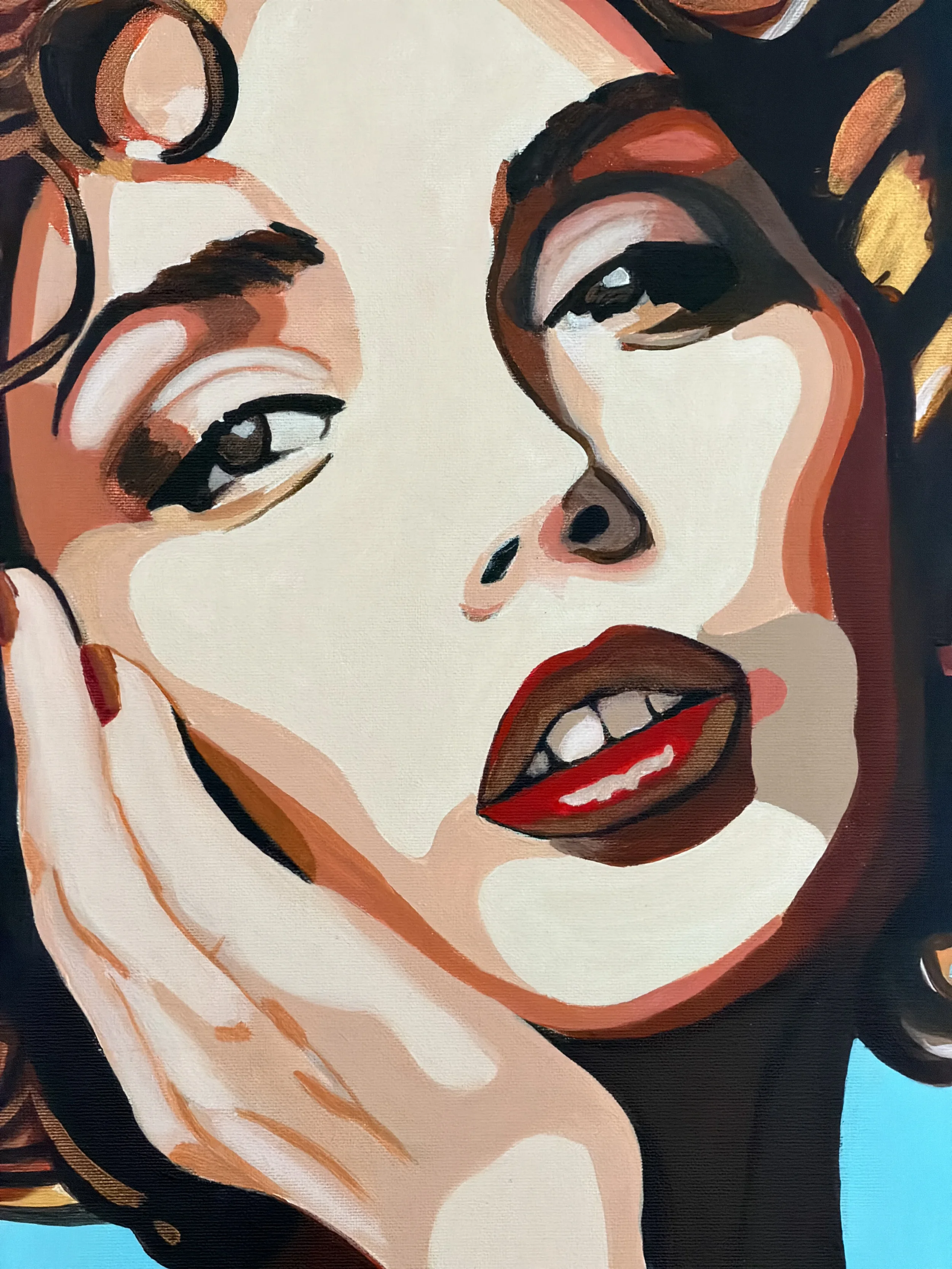 Close-up of a stylized, pop art portrait of a woman with dark hair, bold makeup, and lips slightly parted.
