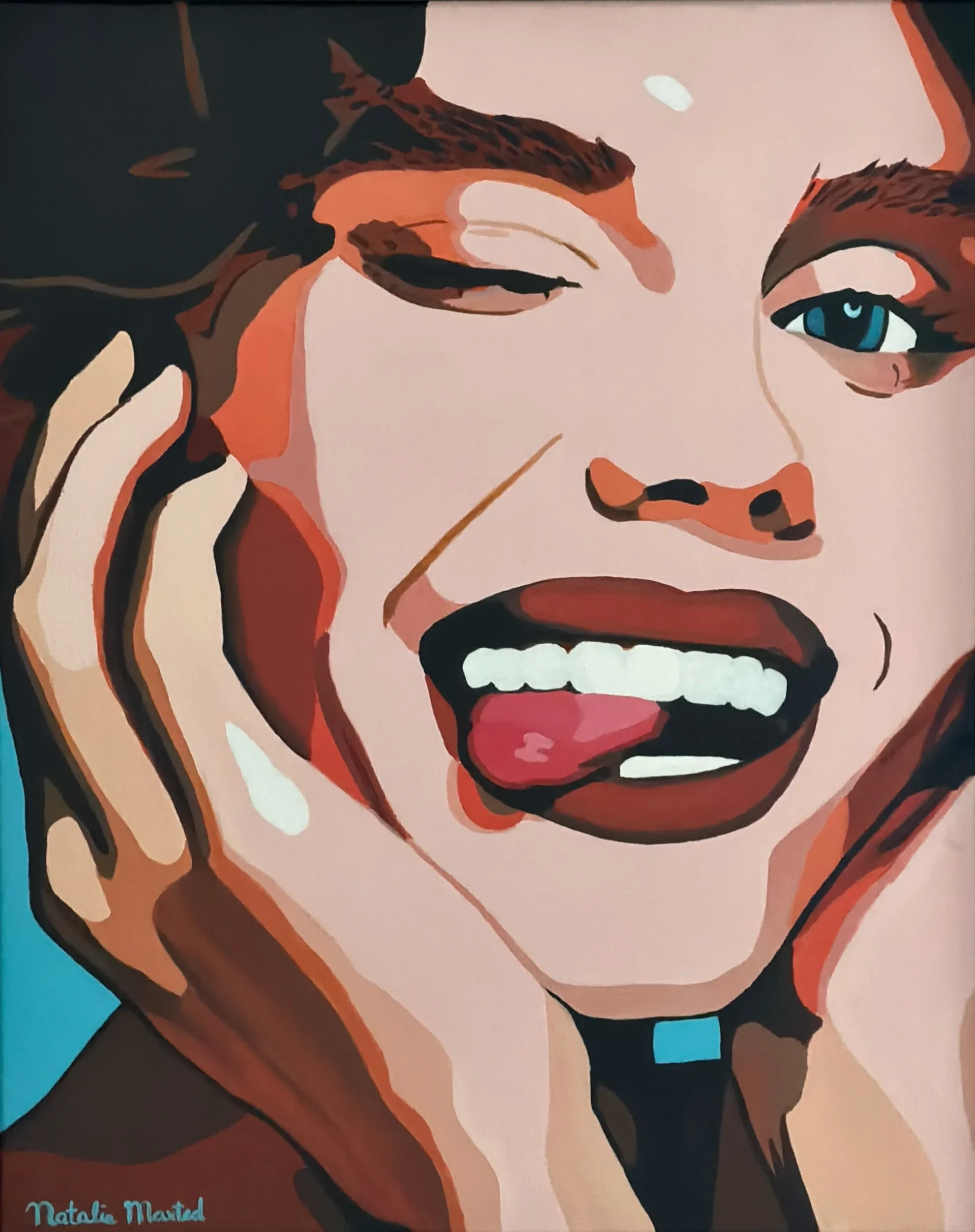 A stylized digital illustration of a woman with blue eyes, dark eyebrows, and short hair, covering part of her face with one hand.