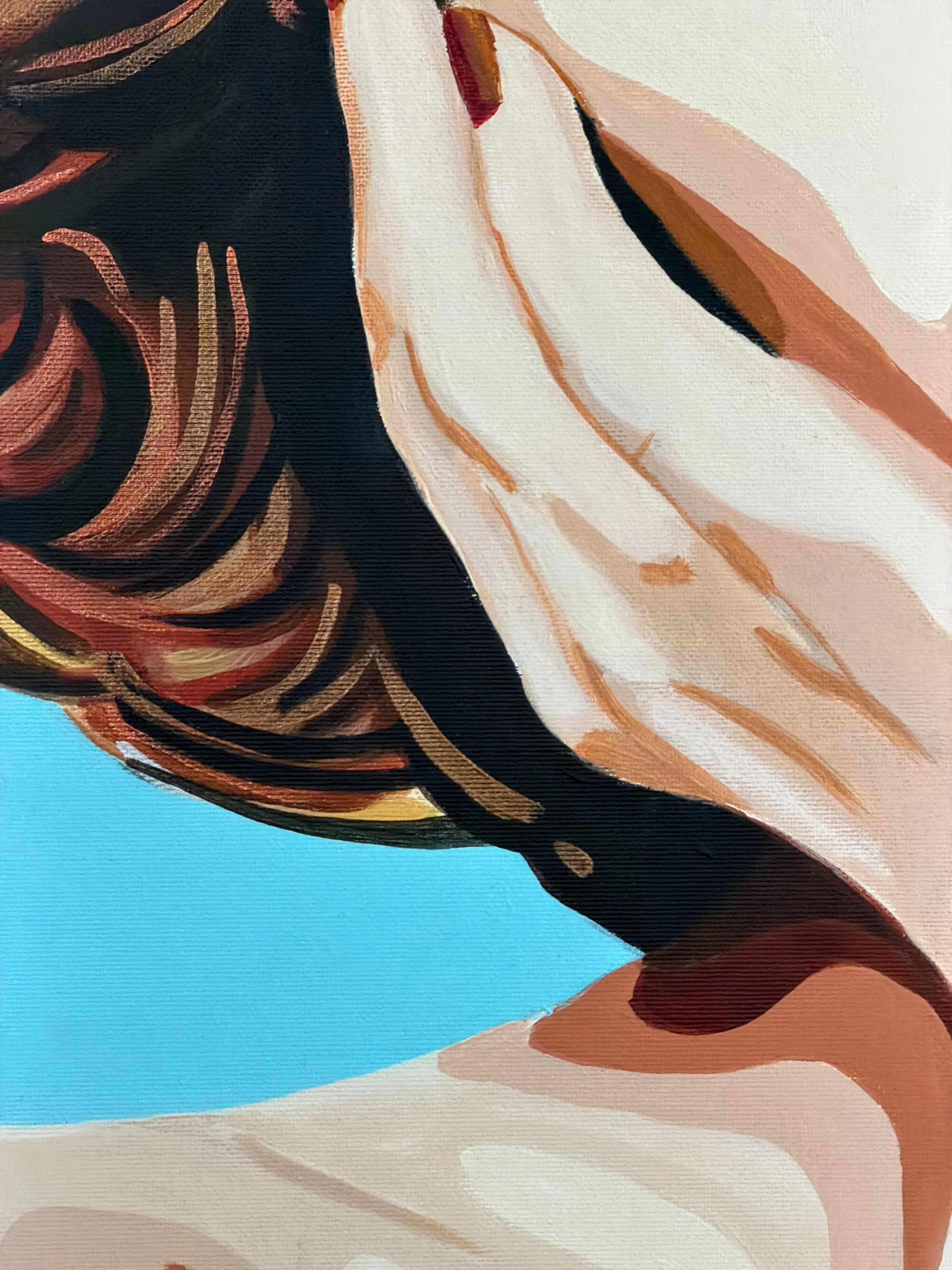 Close-up of an abstract painting featuring a person's face with glasses, a hat, and a light blue background.