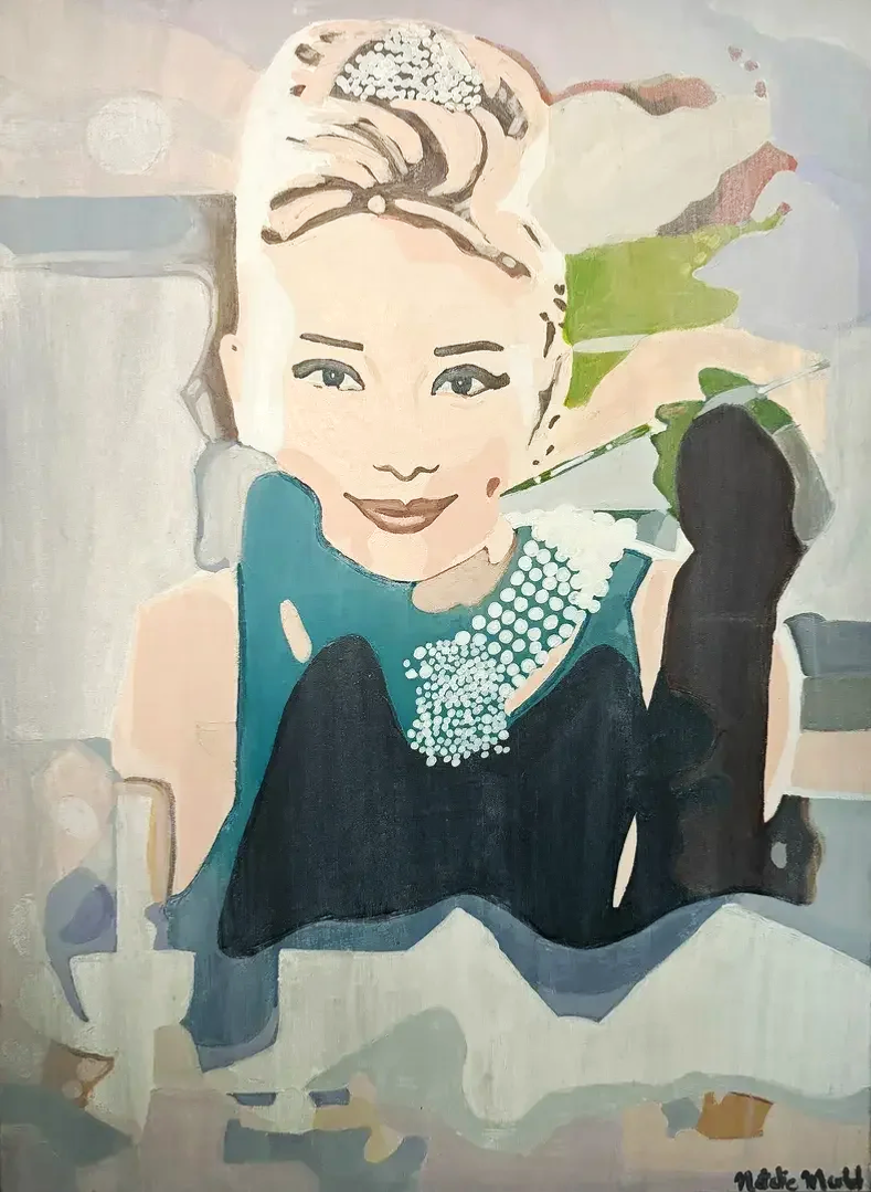 Painted portrait of Audrey Hepburn from Breakfast at Tiffanies  with styled blonde hair, smiling, wearing pearl jewelry, a blue dress, and holding a cigarette holder. The background has pastel colors and some abstract shapes.