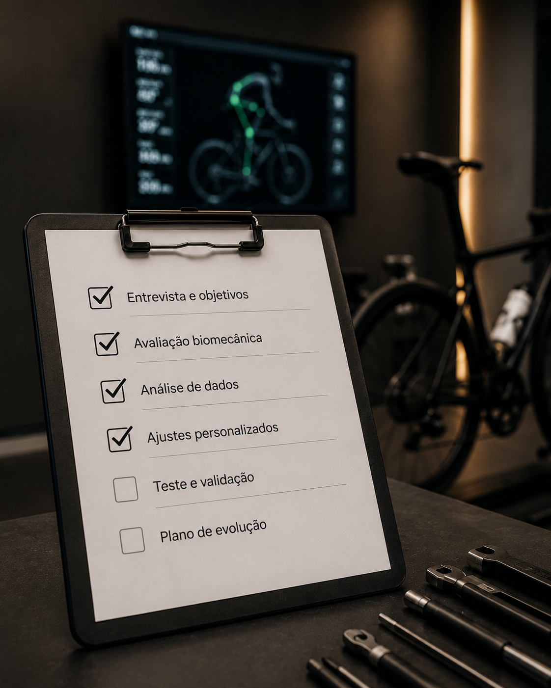 Lista de verificação do processo de bike fit, com avaliação biomecânica e ajustes personalizados no Bike Fit LAB.