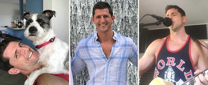 Brendan O'Hara — with his dog, wearing preppy clothes, and playing his guitar — founder of Middle Men and host of the Middle Men Podcast