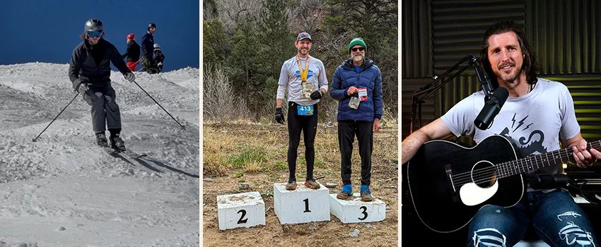 Brendan O'Hara — skiing, 1st on podium of trail race, with — founder of Middle Men and host of the Middle Men Podcast acoustic guitar and talking to camera