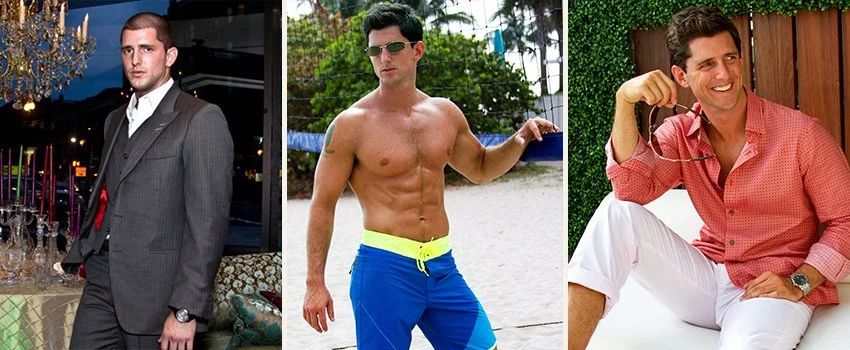 Brendan O'Hara modeling — modeling a designer suit and watch, swimsuit, and summer fashion — founder of Middle Men and host of the Middle Men Podcast