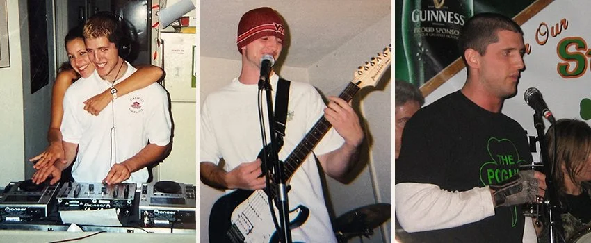 Brendan O'Hara playing music — DJing and performing guitar and vocals — founder of Middle Men and host of the Middle Men Podcast