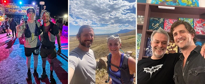Brendan O'Hara — with friend at the finish line of Javelina Jundred ultramarathon, hiking with friend, with artist friend — founder of Middle Men and host of the Middle Men Podcast