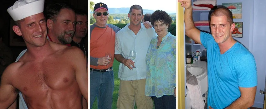 Brendan O'Hara early 2000s — Middle Men Podcast host shirtless, with parents, and wearing bright blue shirt — founder of Middle Men and host of the Middle Men Podcast
