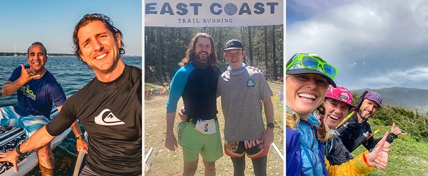 Brendan O'Hara — with friend paddleboarding, with friend at finish line of ultramarathon, with two women smiling in the mountains — founder of Middle Men and host of the Middle Men Podcast