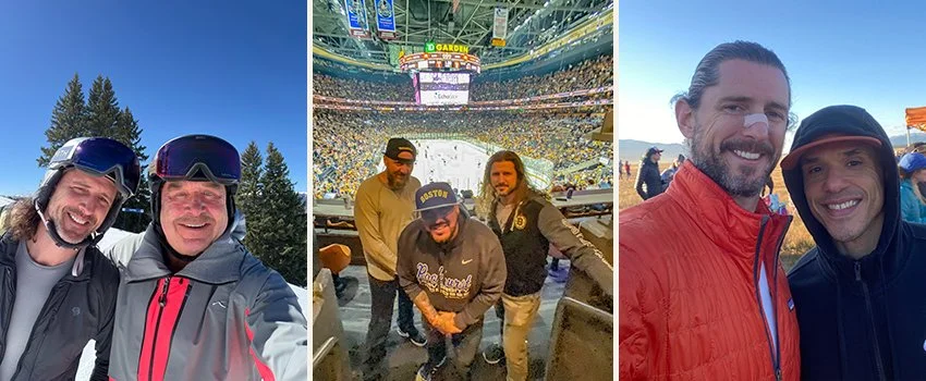 Brendan O'Hara — with friend skiing, with friends at Boston Bruins hockey game, with friend at Leadville 100 ultramarathon — founder of Middle Men and host of the Middle Men Podcast