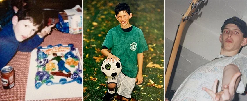 Brendan O'Hara growing up — teenage photos showing a shaka, soccer player, and bass guitarist  — founder of Middle Men and host of the Middle Men Podcast